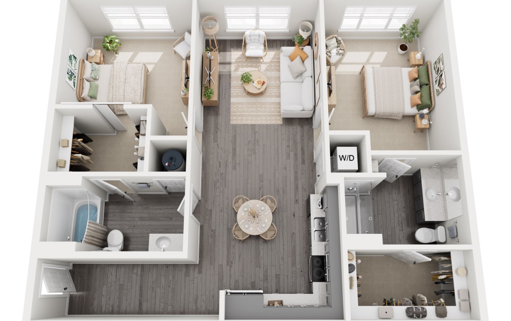 2B - 2 bedroom floorplan layout with 2 bathrooms and 1206 square feet