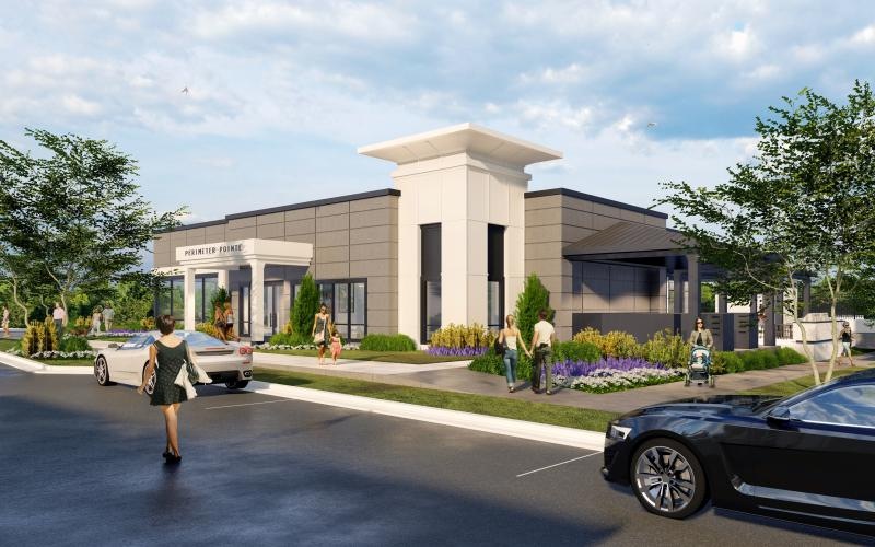 Parking lot with pedestrians in front of Perimeter Pointe pet-friendly apartments in Charlotte, NC